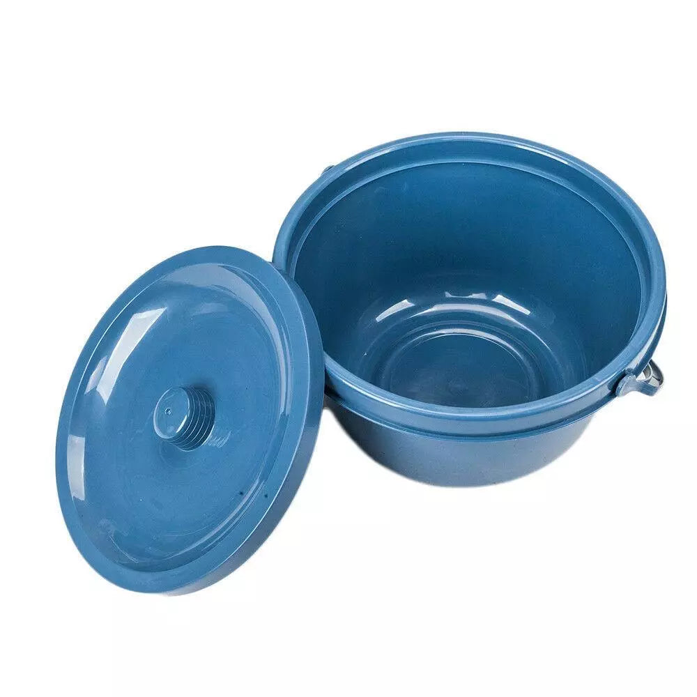 Blue commode bucket with matching lid for bedside commode chair