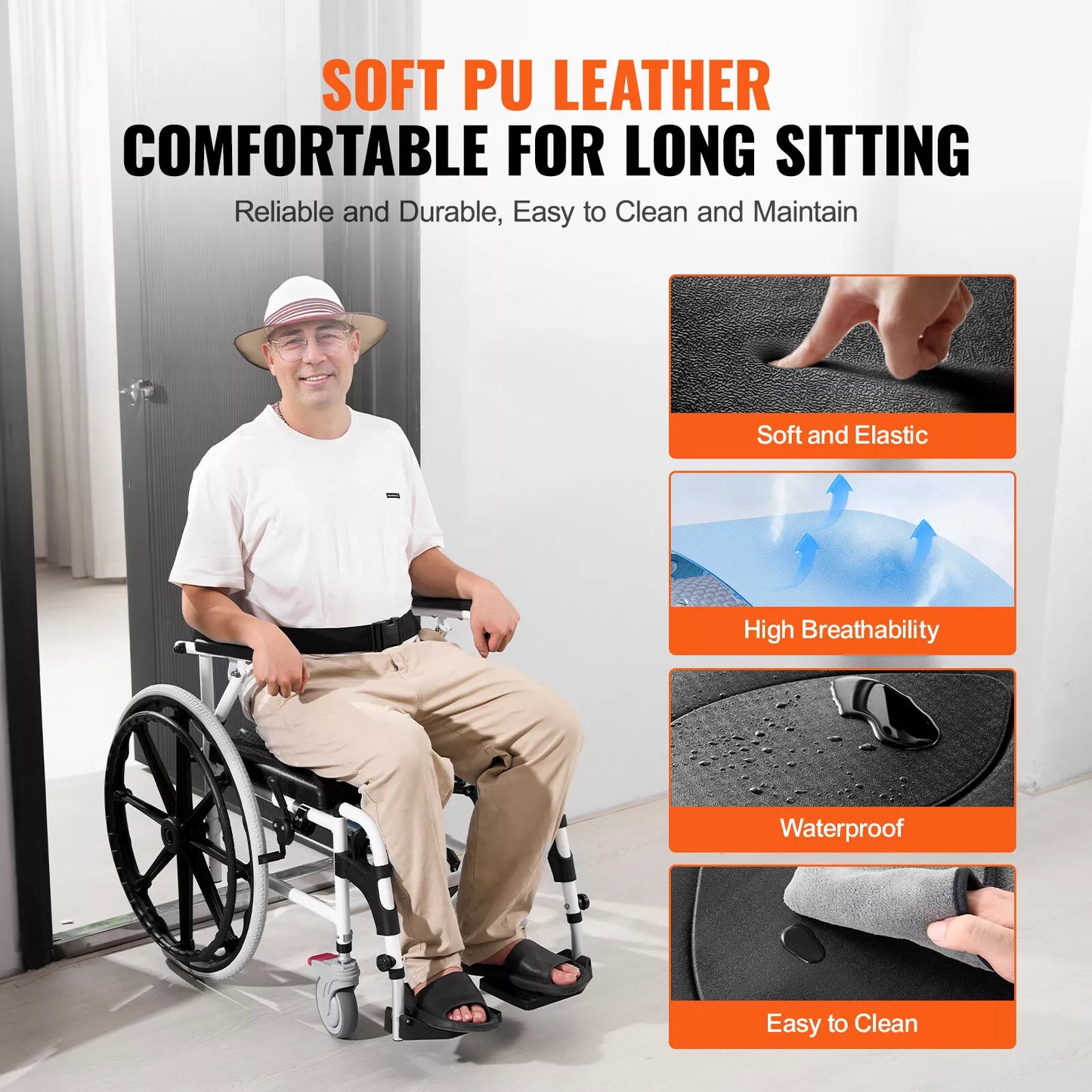 Shower commode wheelchair with black cushioned seat and backrest, beige pants in use