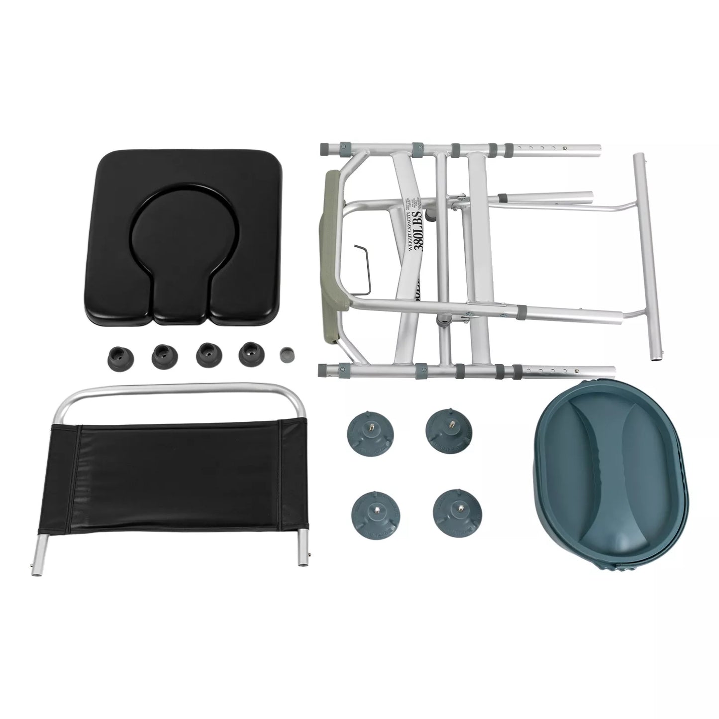 Shower commode chair replacement parts: black seat pad, frame sections, teal toilet pail