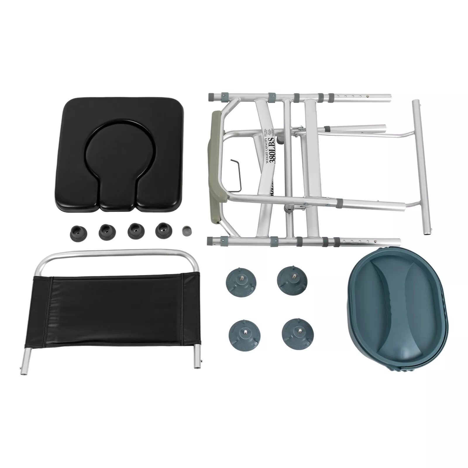 Shower commode chair replacement parts: black seat pad, frame sections, teal toilet pail