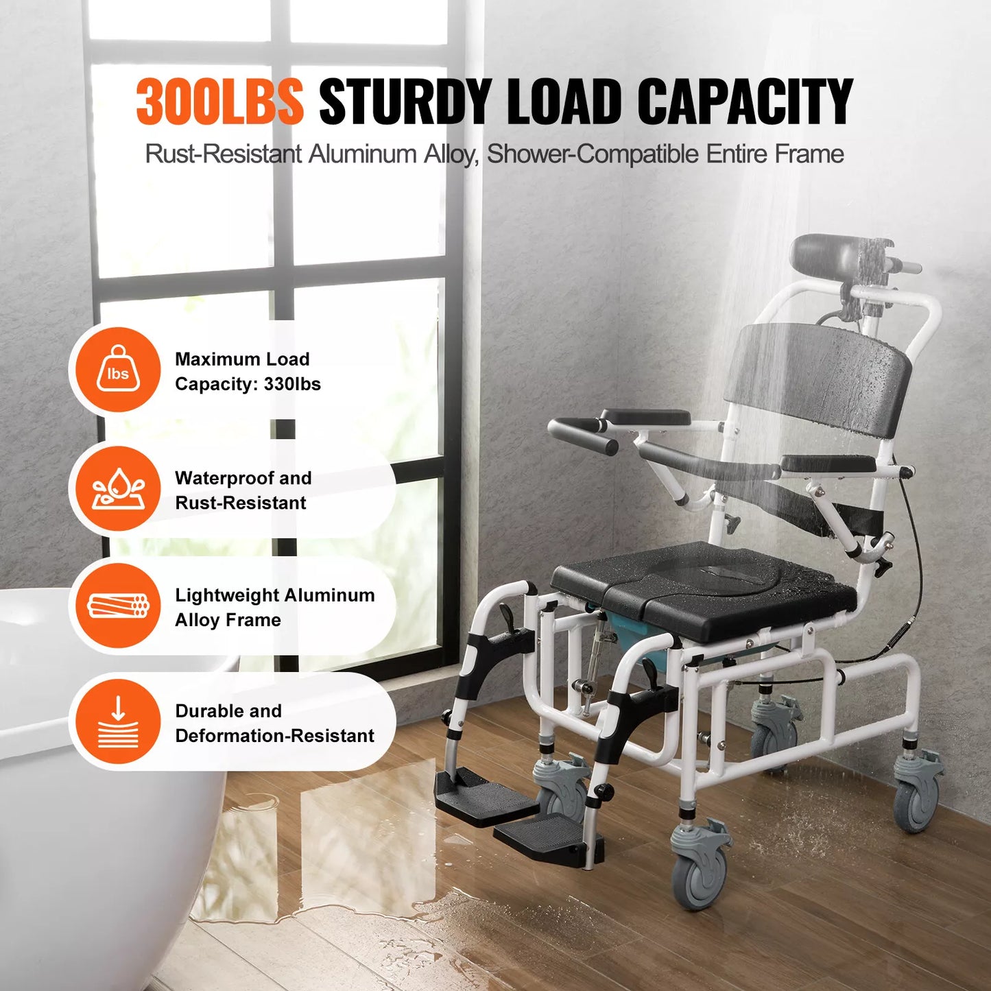 Shower commode wheelchair with sturdy white frame, black seat cushion, and armrest supports