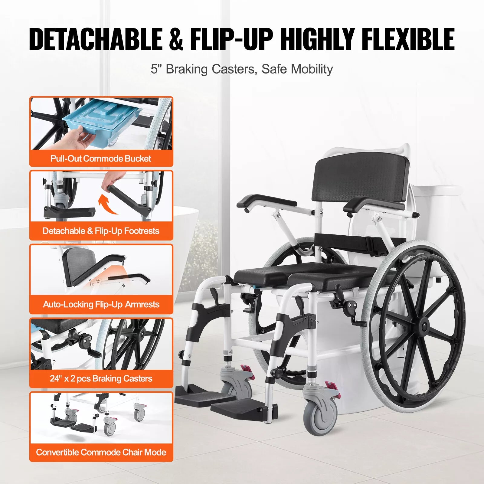 Shower commode wheelchair with flip-up footrests and armrests, front view with wheels