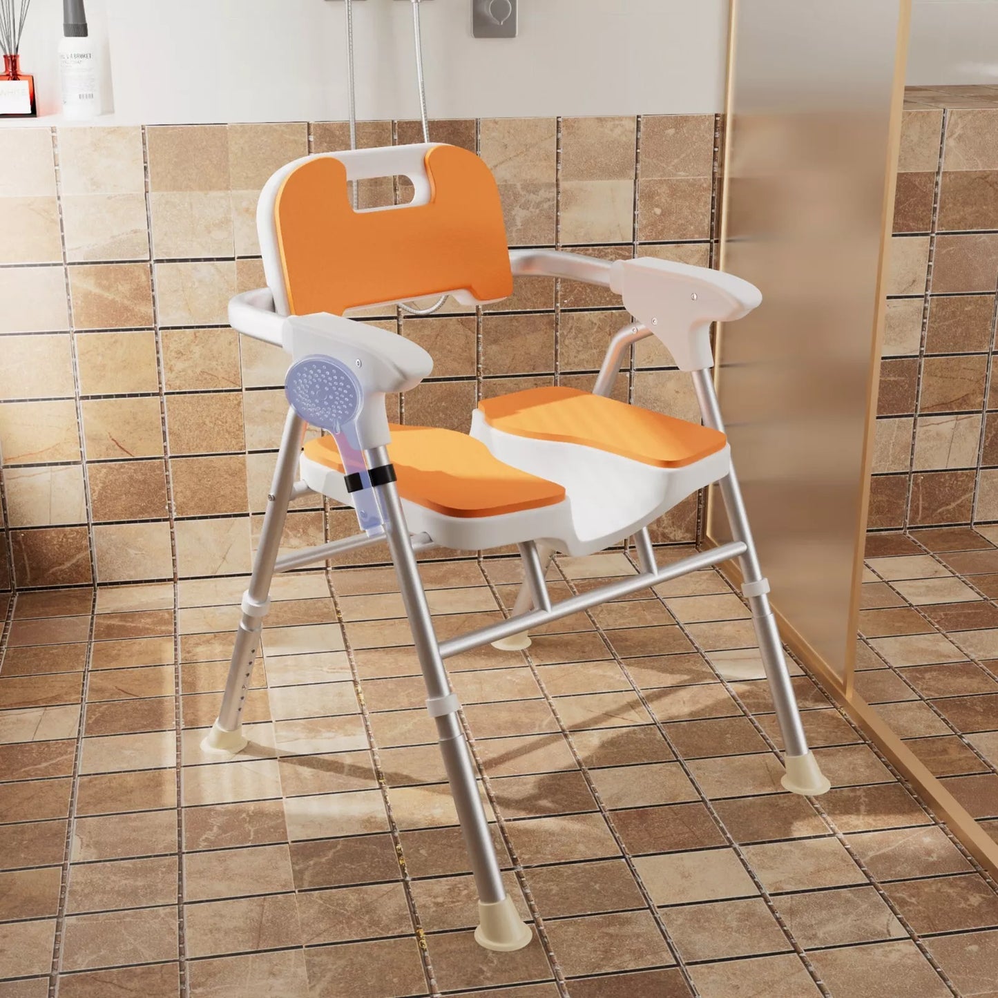Orange-and-white foldable shower chair with arms, backrest and cutout seat