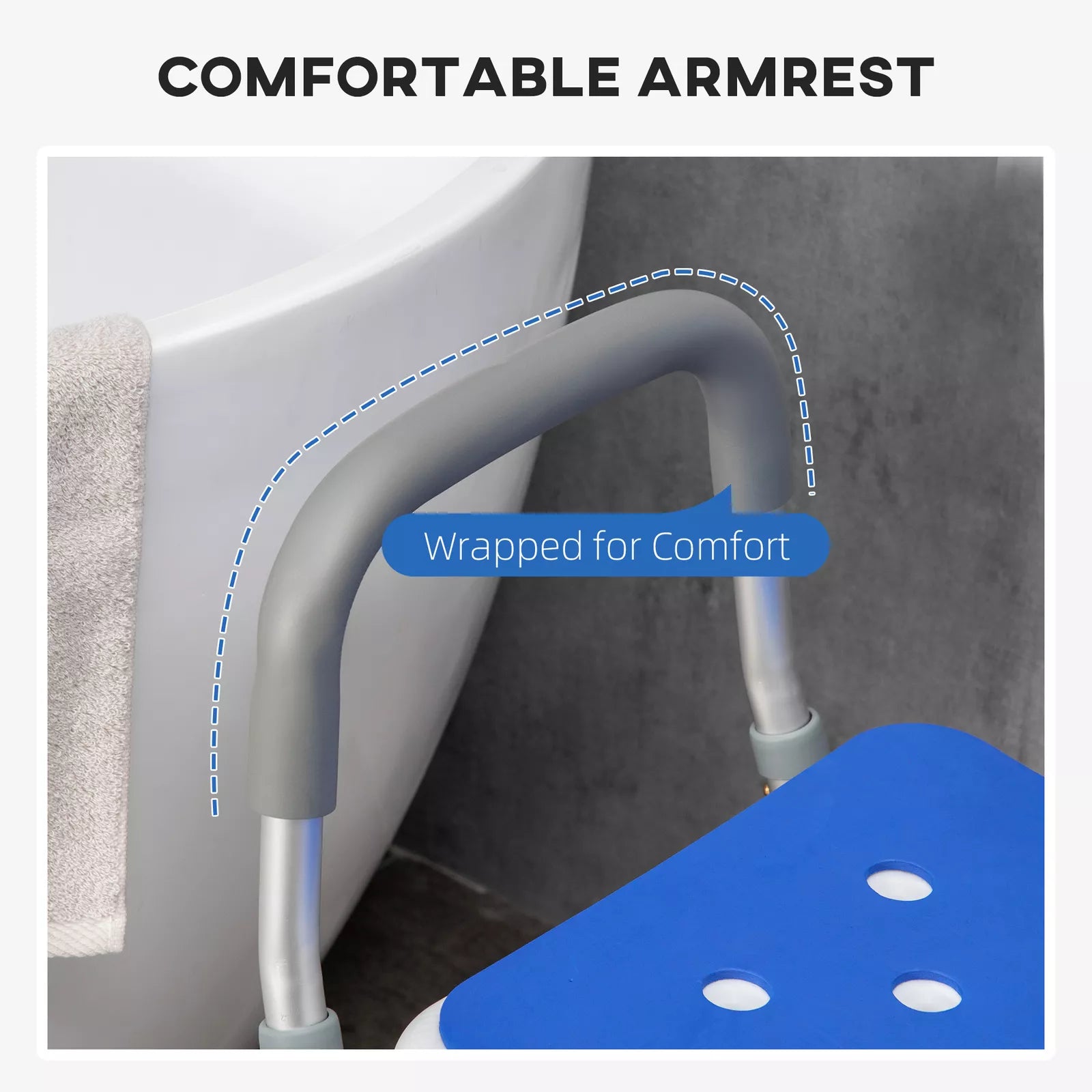Shower chair with wrapped grey armrests and blue seat, white plastic back panel
