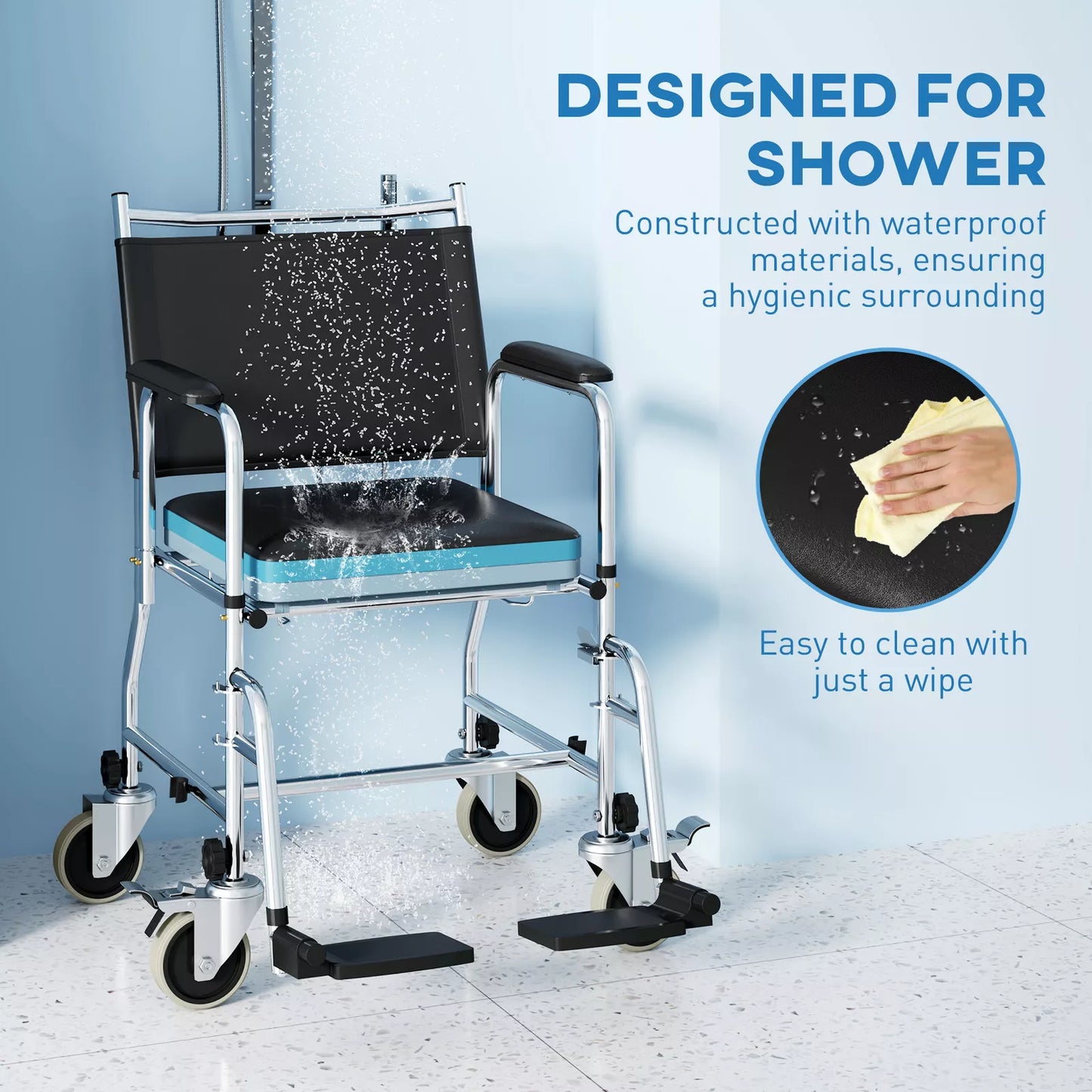 Shower commode wheelchair with waterproof design and easy-wipe surfaces on light blue basin