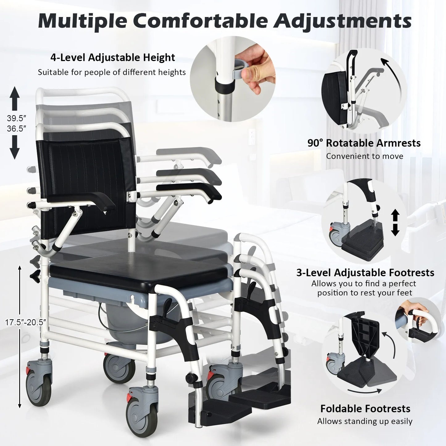Shower wheelchair showing adjustable height, 90° rotatable armrests, and stepped footrests
