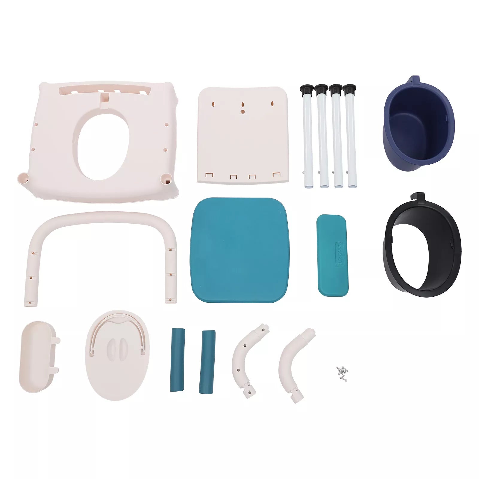 Bedside commode chair parts layout: blue seat pads, handles, white frame, and accessories