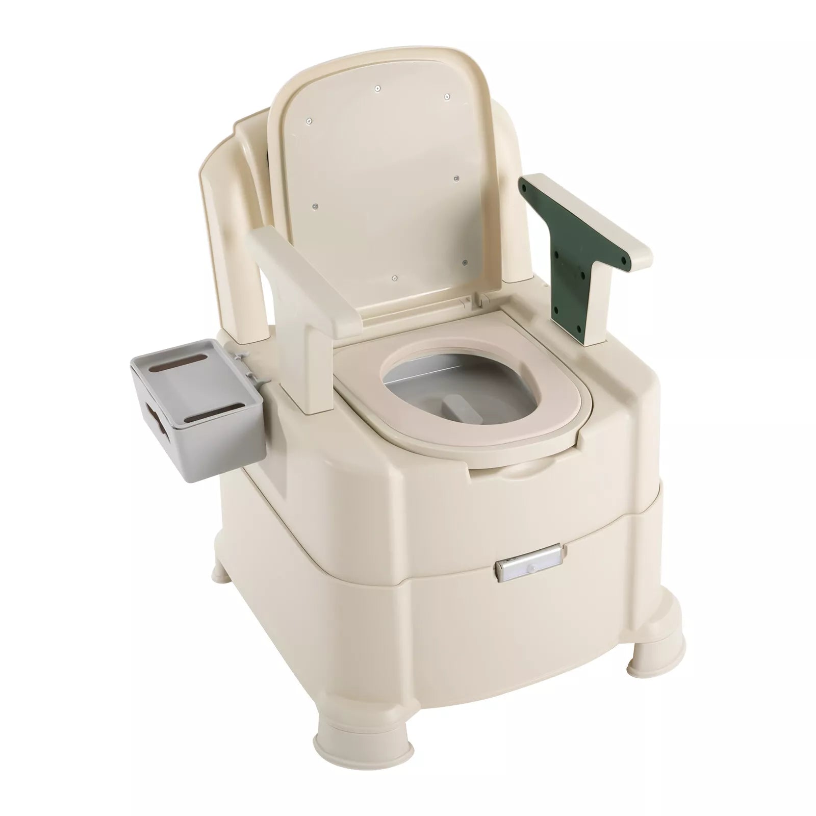 White bedside commode chair with backrest, flip-up footrest, and removable side bucket