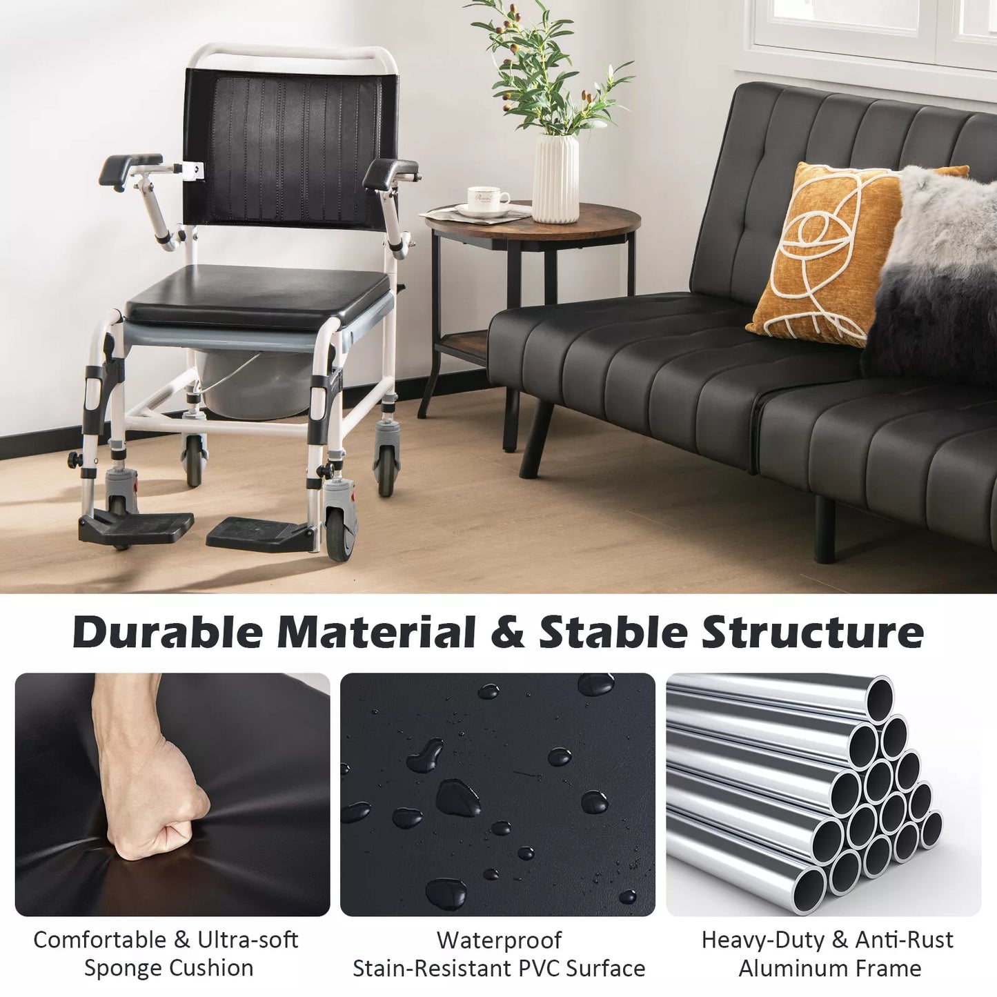 Shower wheelchair with black back and seat cushions, plus foldable footrests and wheels