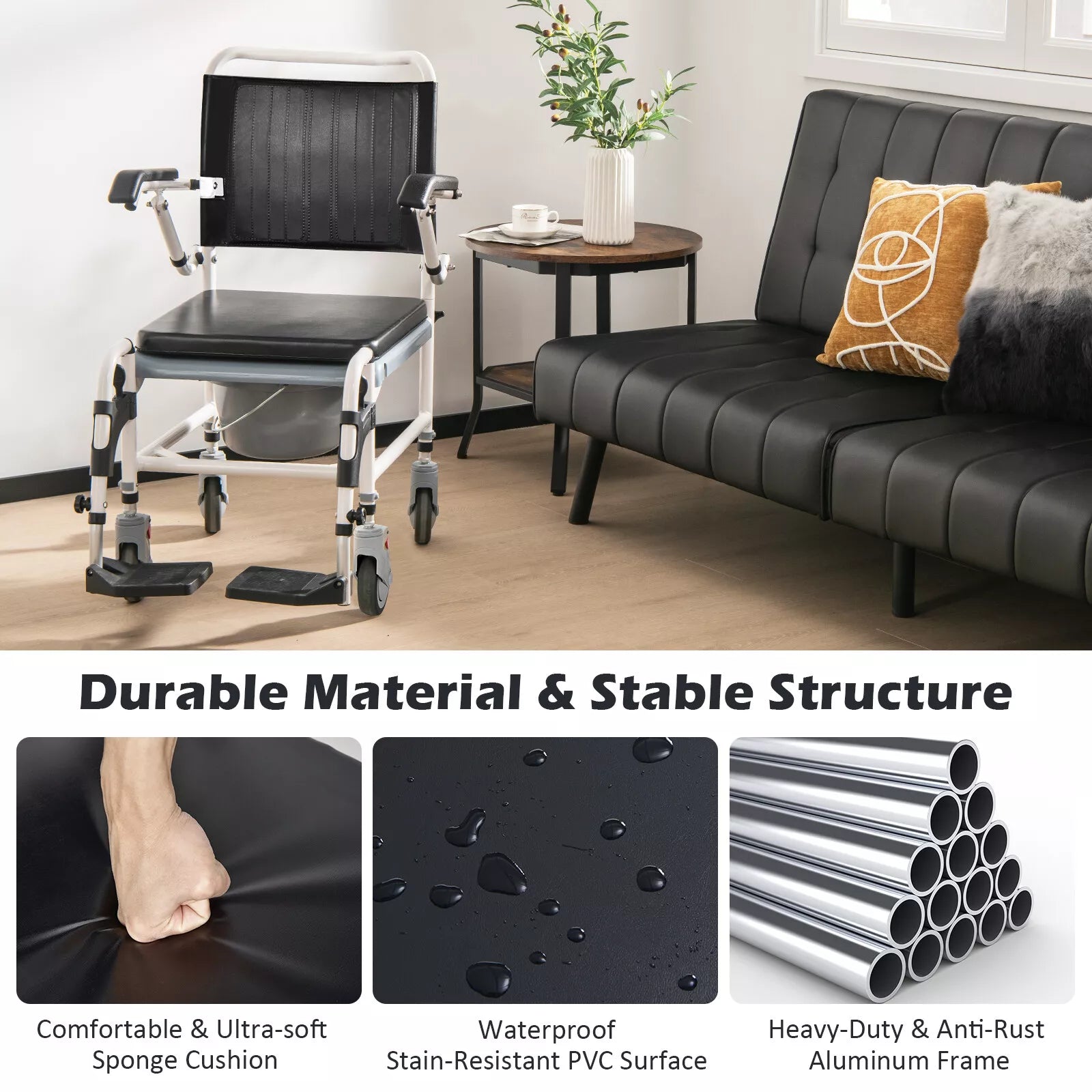 Shower wheelchair with black back and seat cushions, plus foldable footrests and wheels