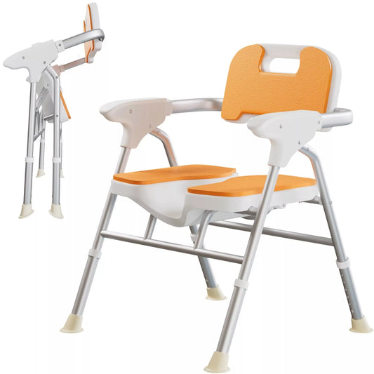 Foldable shower chair with orange backrest, armrests, and contoured white seat