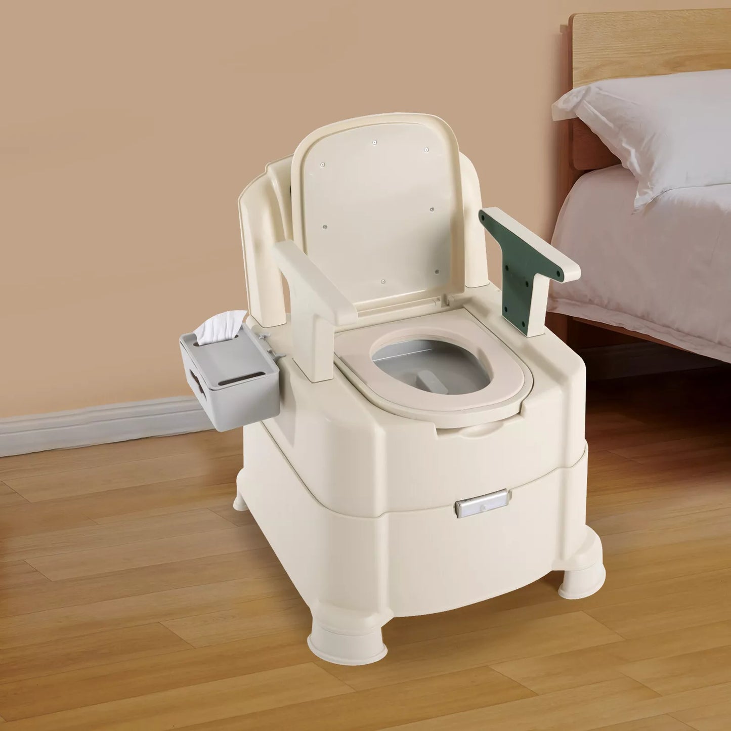 White adult bedside commode chair with padded seat, open toilet pan and side armrests