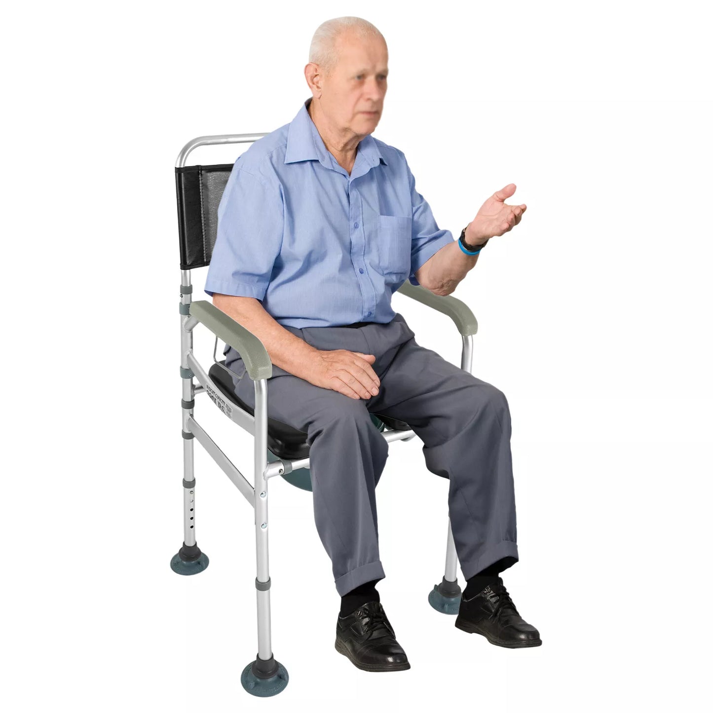 Shower commode chair with arms, black backrest and cushioned seat; seated user posture