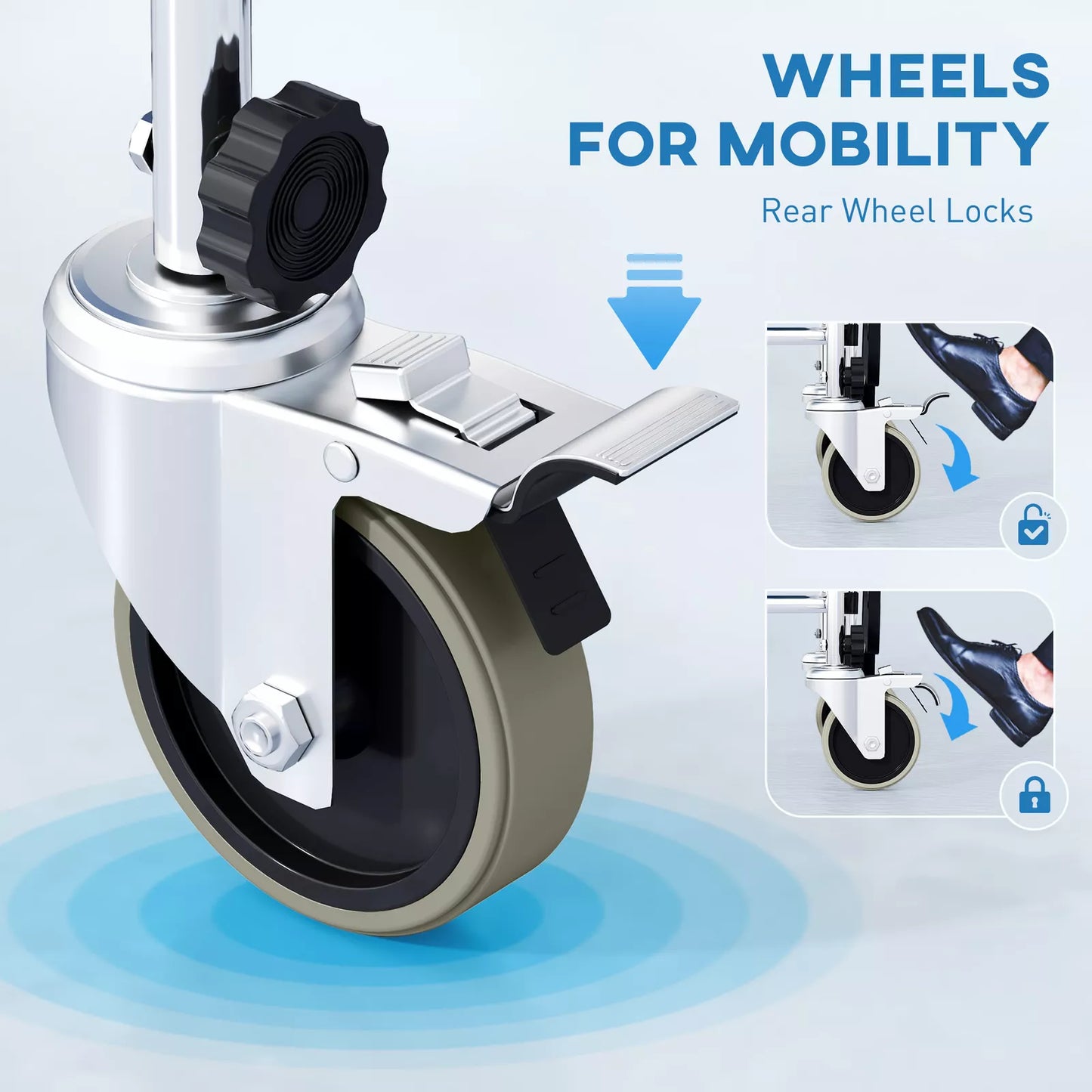 Commode wheelchair close-up of rear wheel lock and caster wheels for mobility and stability