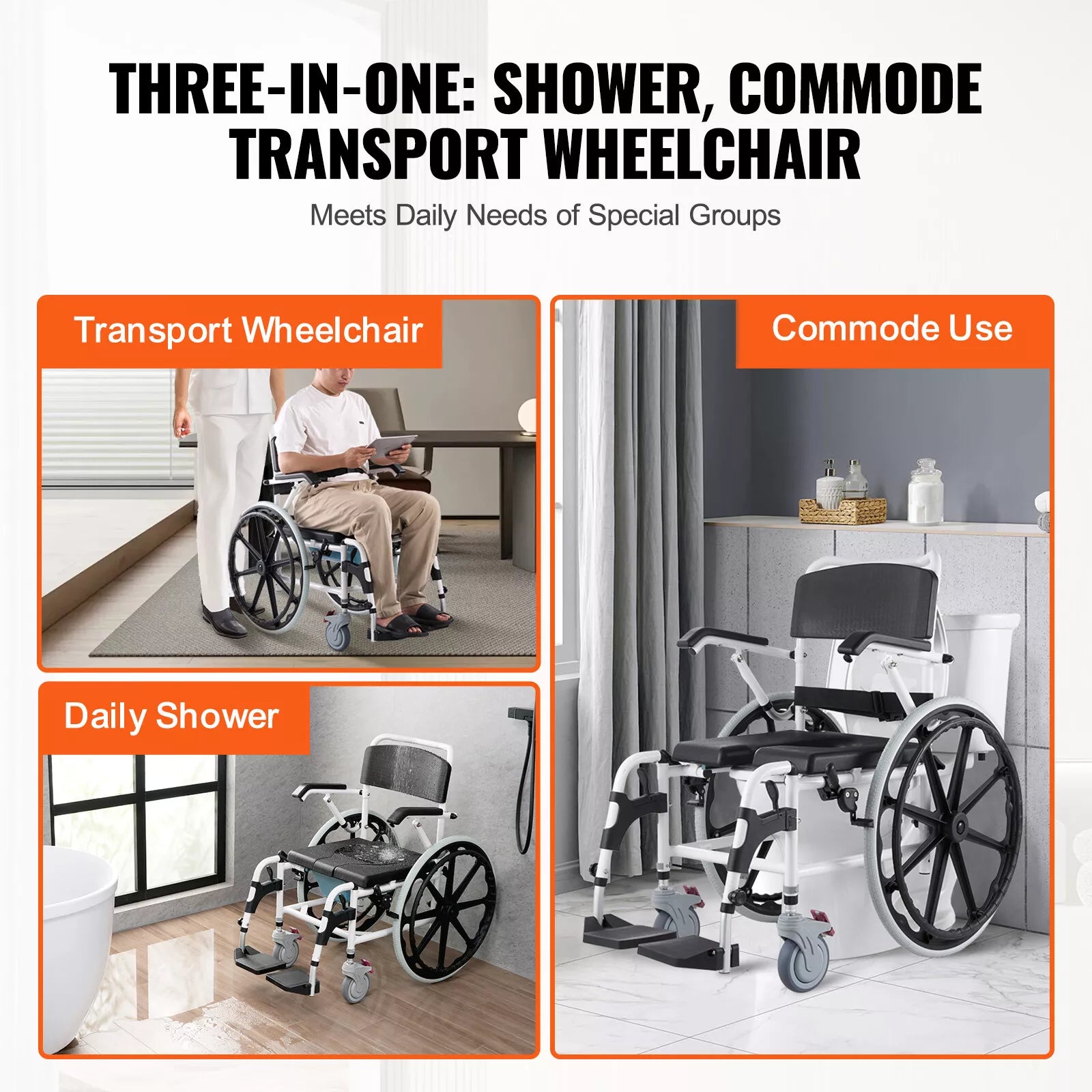 Shower commode transport wheelchair with black seat/back and front foot platform, side view