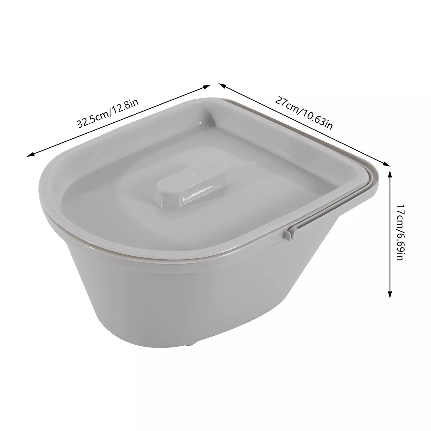 Gray commode basin with raised rim and molded pour handle for bedside use