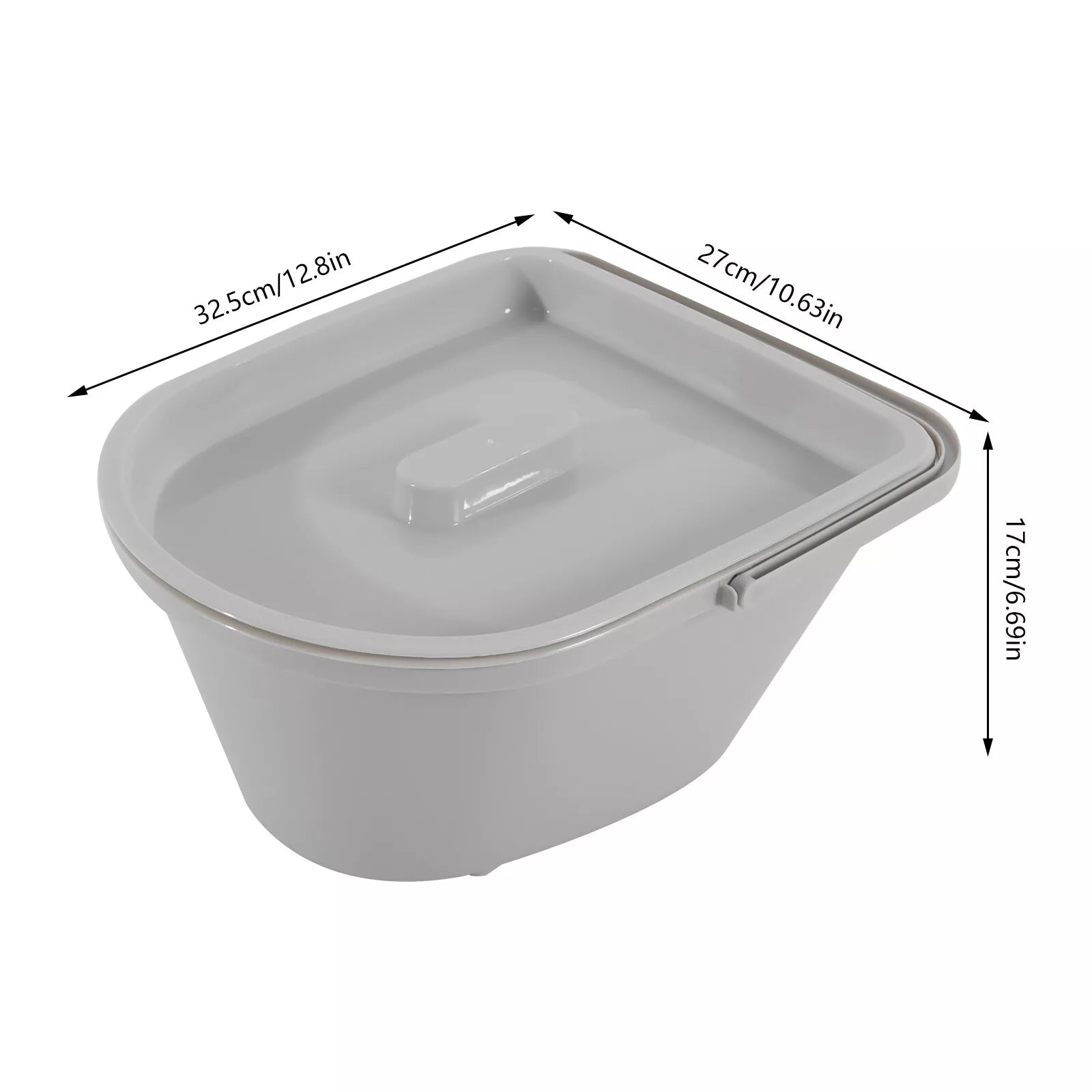 Gray commode basin with raised rim and molded pour handle for bedside use