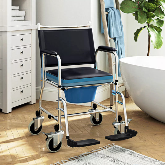 Blue and black shower commode wheelchair with padded seat, backrest, armrests, and caster wheels