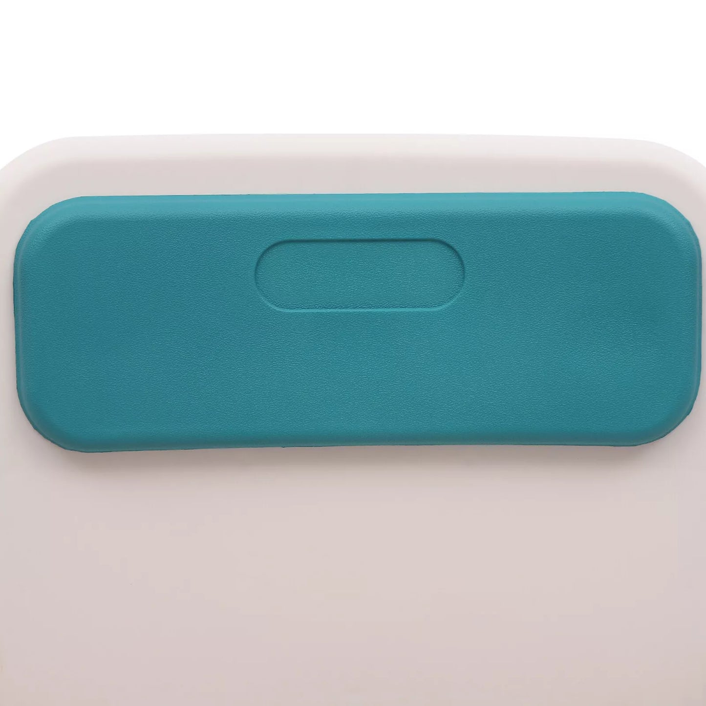 Teal padded headrest cover with small oval handle detail on a white commode chair