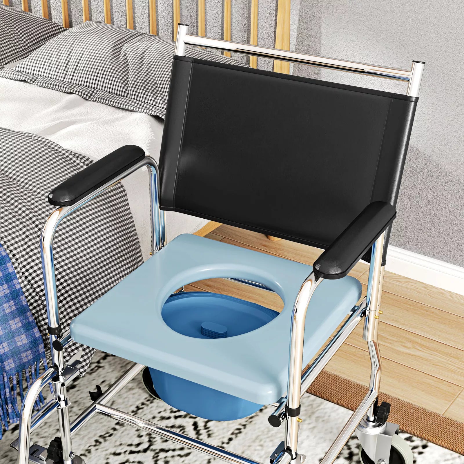 Shower commode wheelchair with light blue basin, black padded seat and back, and padded armrests