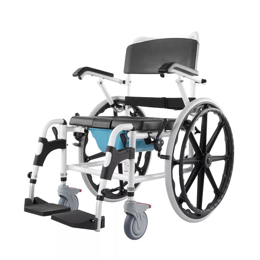 Shower commode wheelchair with blue commode pan and black armrests, side view