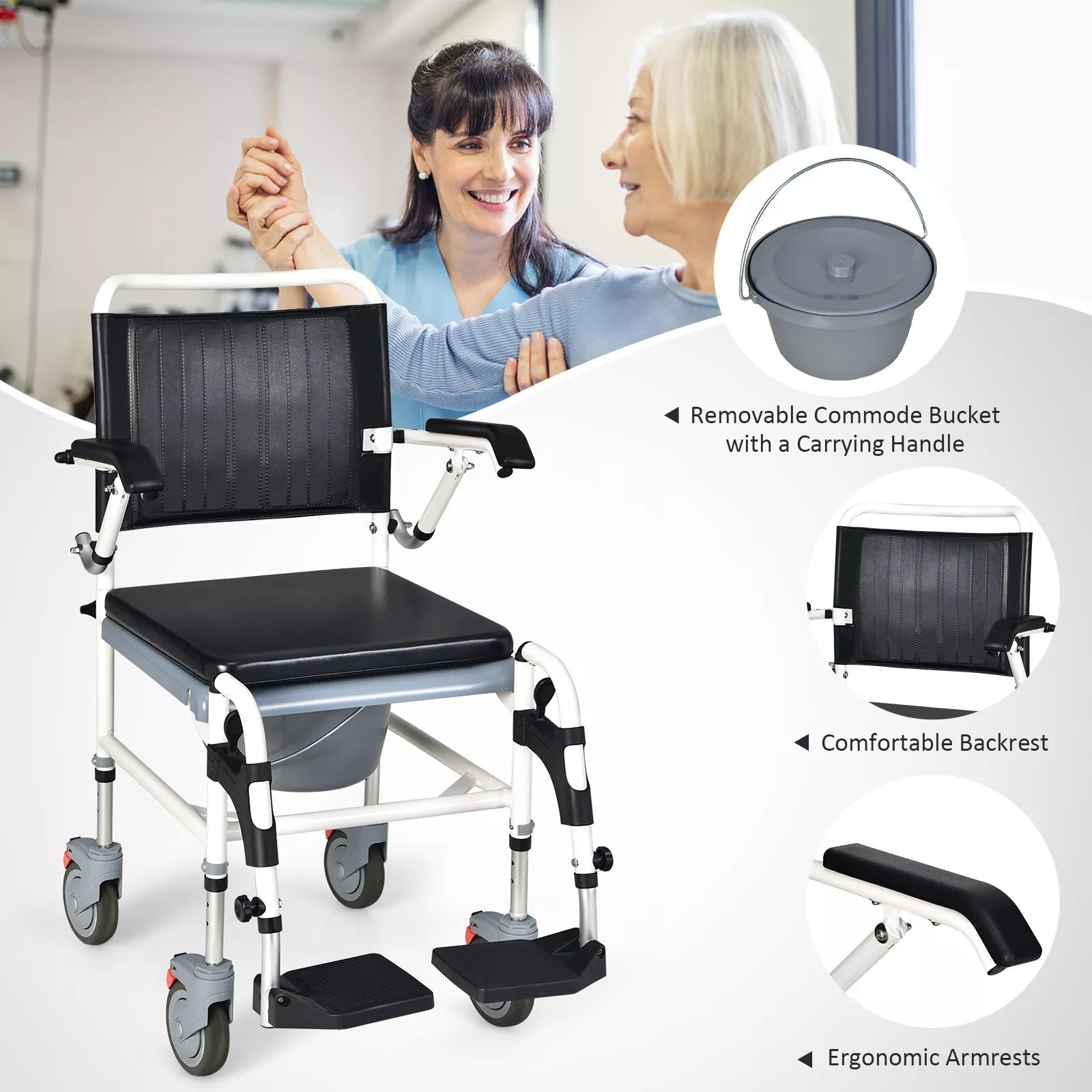 Shower wheelchair with removable commode bucket under the seat and ergonomic armrests
