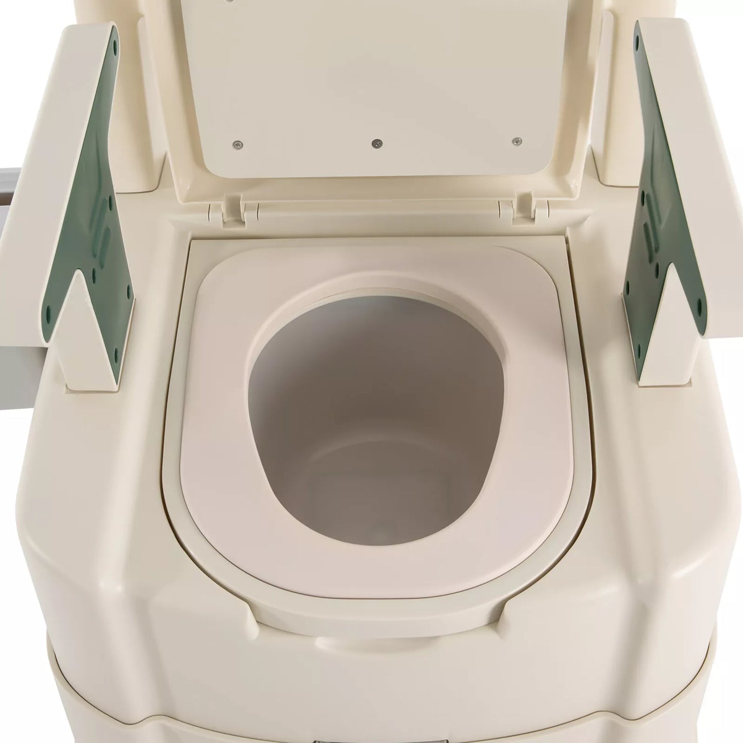 Close-up of open toilet seat with green side panels on white bedside commode chair