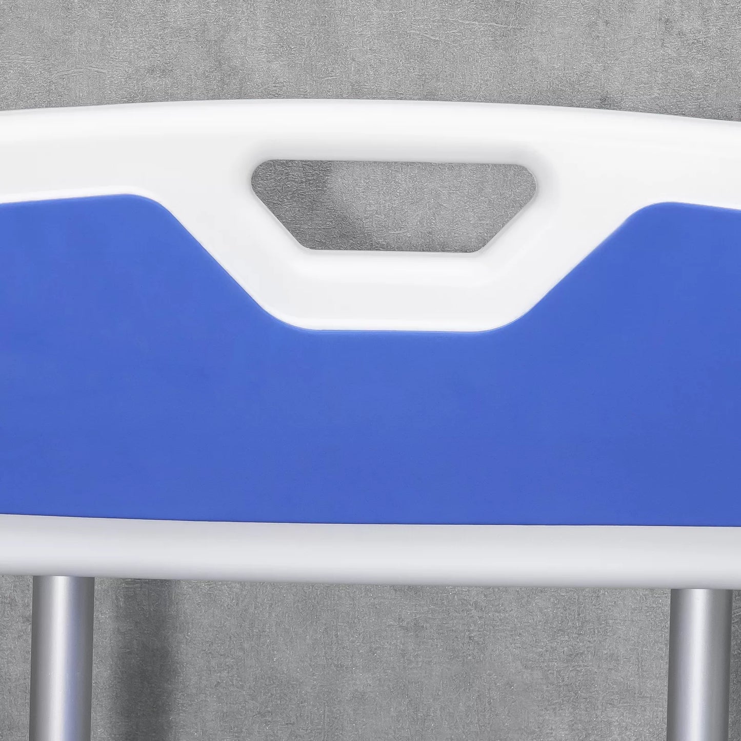 Shower chair back panel with oval handle cutout in blue seat base
