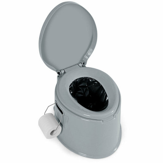 Portable travel toilet with hinged lid and paper holder, gray, open bowl and liner