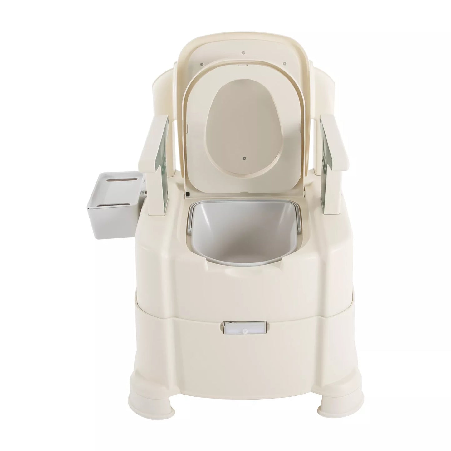 White adult commode chair viewed from front, open seat opening and removable side bucket