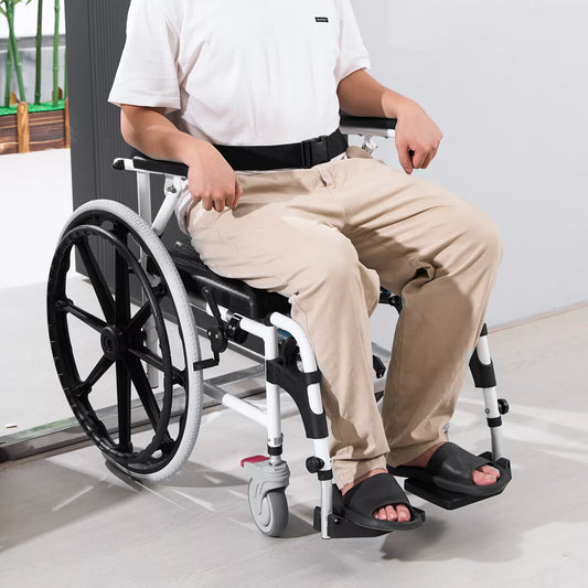 Shower commode wheelchair with black seat and beige leg support, front casters visible