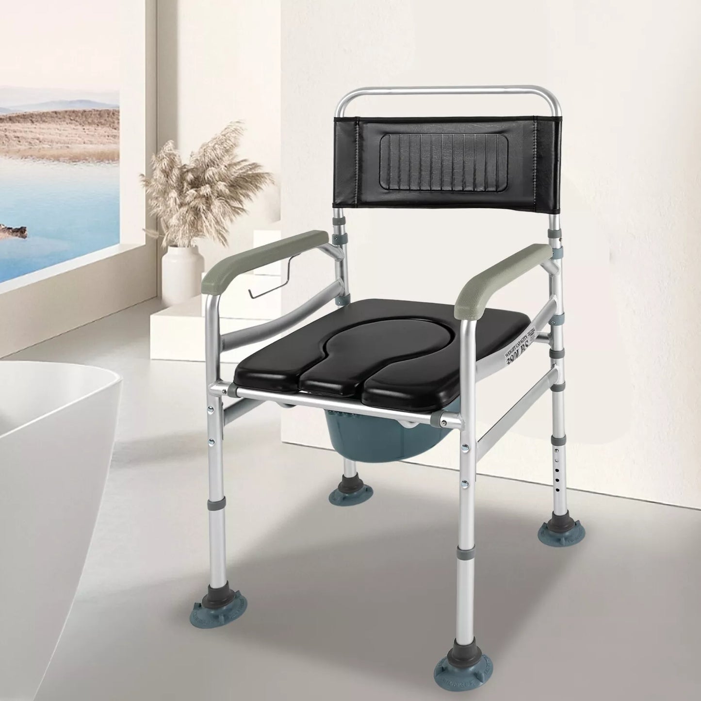 Shower commode chair with arms, black seat cushion and backrest, raised toilet pail