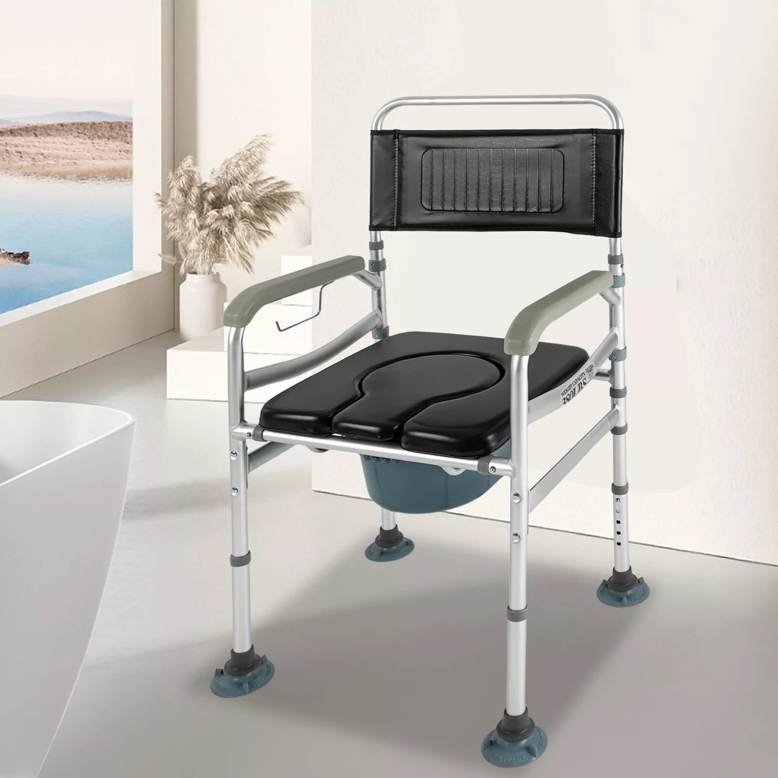 Shower commode chair with arms, black seat cushion and backrest, raised toilet pail