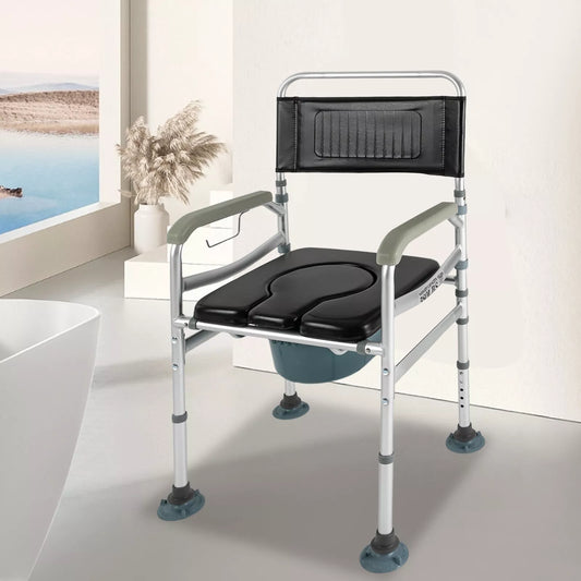 Shower commode chair with arms, black seat cushion and backrest, raised toilet pail