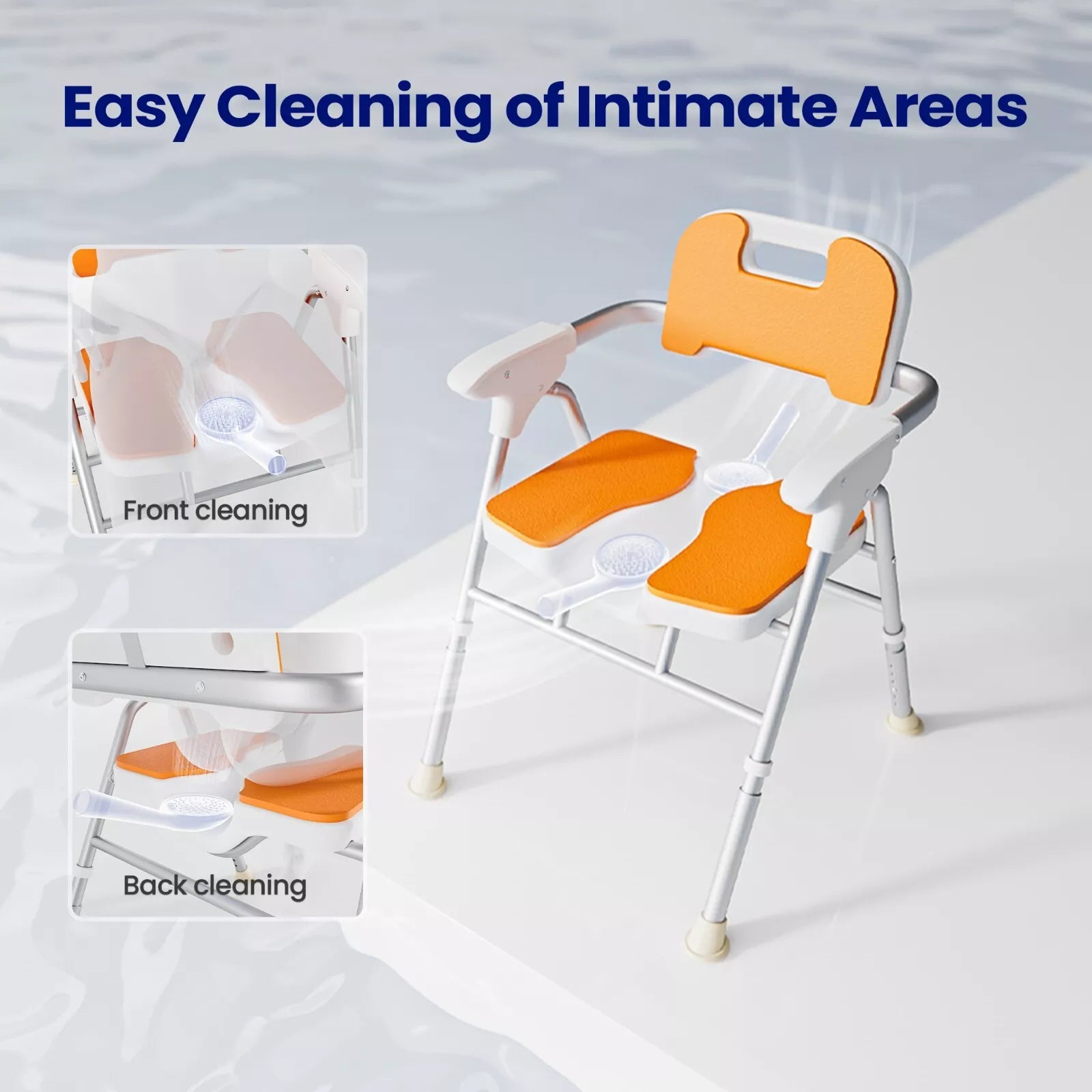 Shower chair with orange seat pads and cutouts for easier cleaning