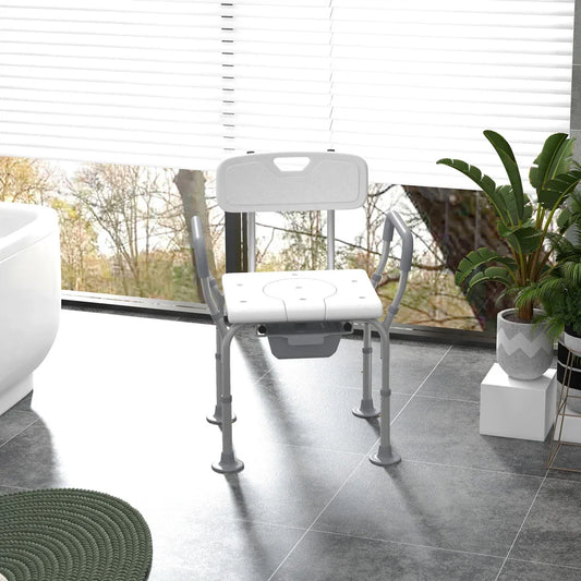 Shower commode chair with arms, white seat and backrest, gray frame