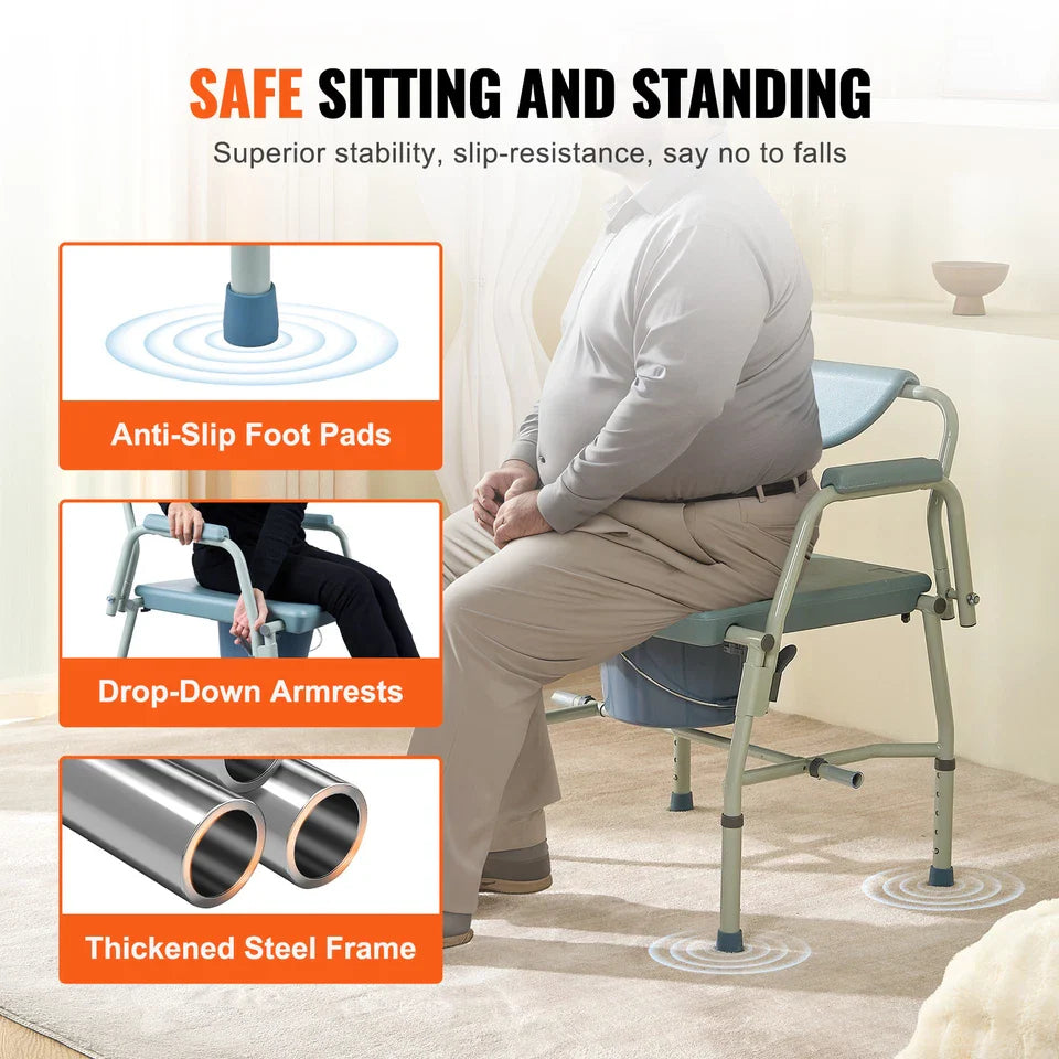 Light blue adult commode chair with wide seat, armrests, and four anti-slip base pads