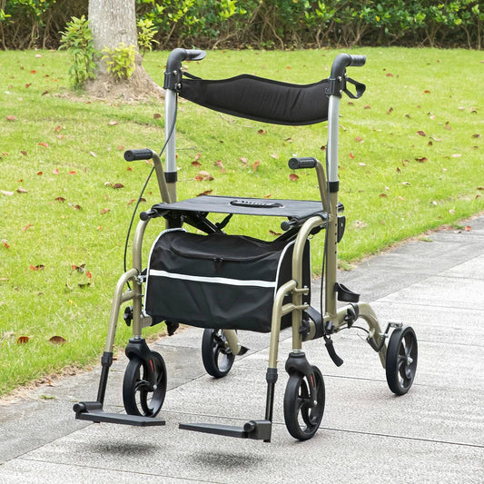 Mobility rollator walker with seat and footrest, black padded back and armrests