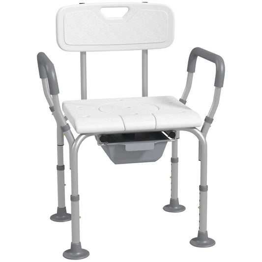 Shower commode chair with detachable bucket and armrests, white seat, gray legs