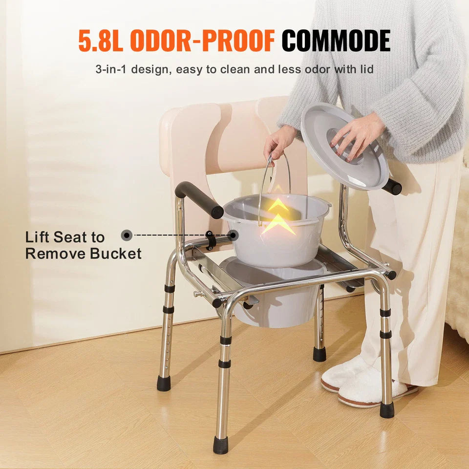 Toilet commode chair with raised lid and removable bucket beside seated opening
