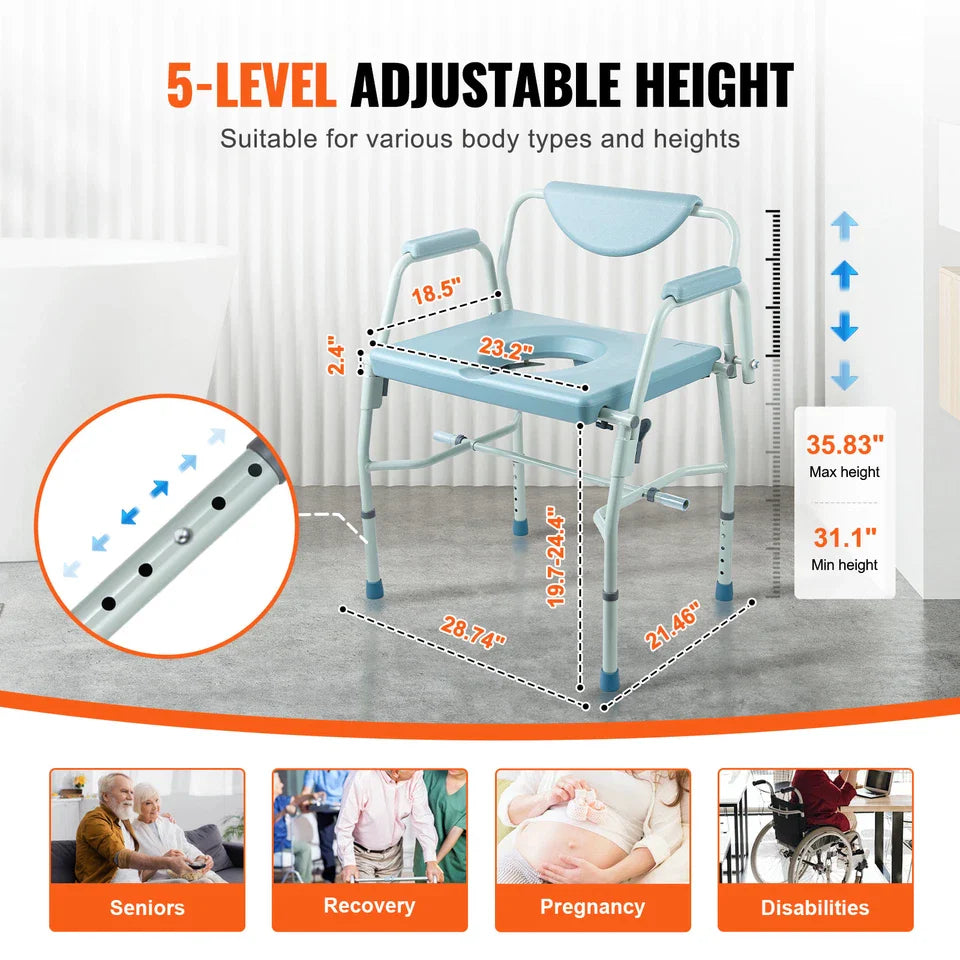 5-level adjustable-height commode chair with blue seat and padded backrest