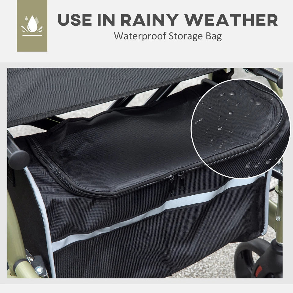Waterproof storage bag on black rollator wheelchair; raindrop texture on padded surface