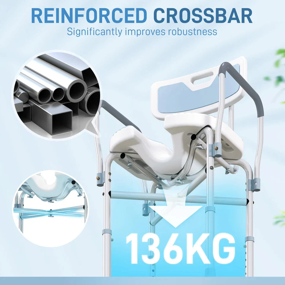 Elderly shower chair frame with reinforced crossbar under the seat for added stability
