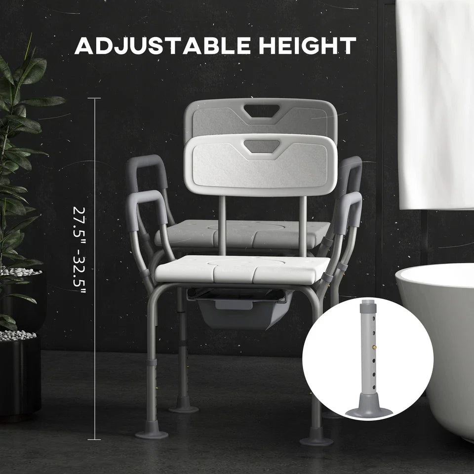 Height-adjustable shower commode chair with arms and raised backrest, white