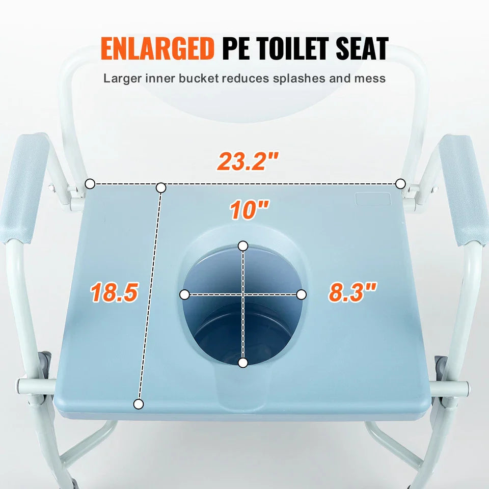 Enlarged light blue toilet seat with circular cutout and side arm handles
