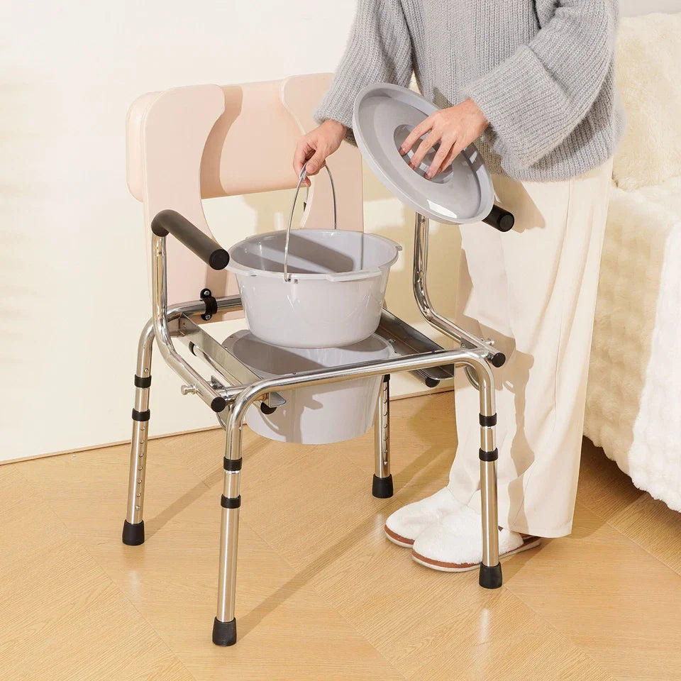 Toilet commode chair with hinged lid and removable bucket, chrome frame
