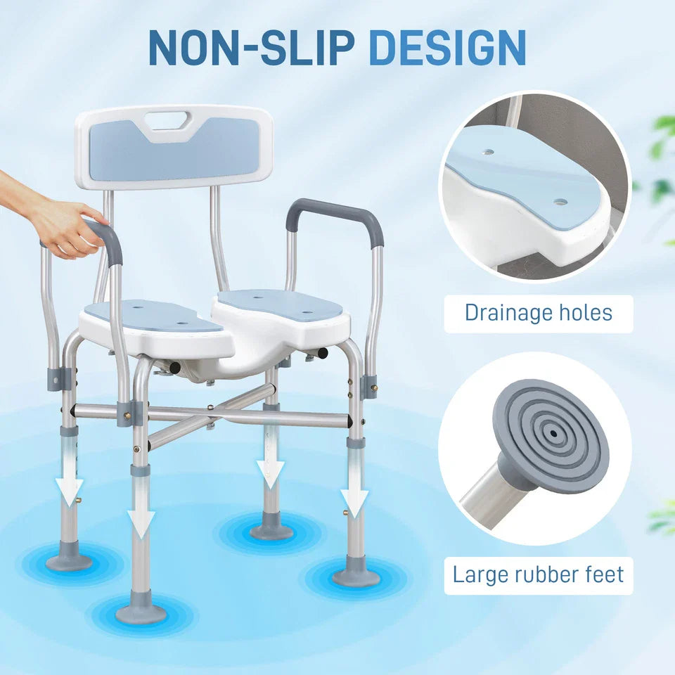 Shower chair with light blue seat pads, armrests, and wide non-slip base feet