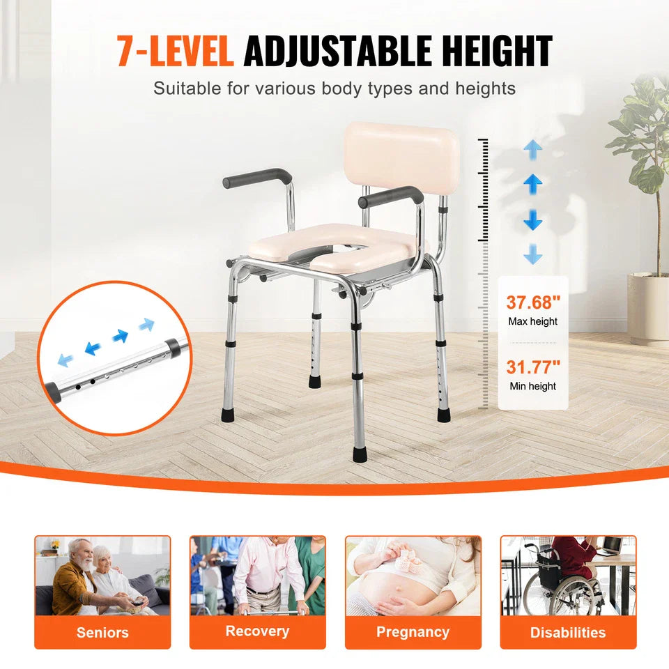 Height-adjustable toilet commode chair with padded seat, armrests, and 7-level legs