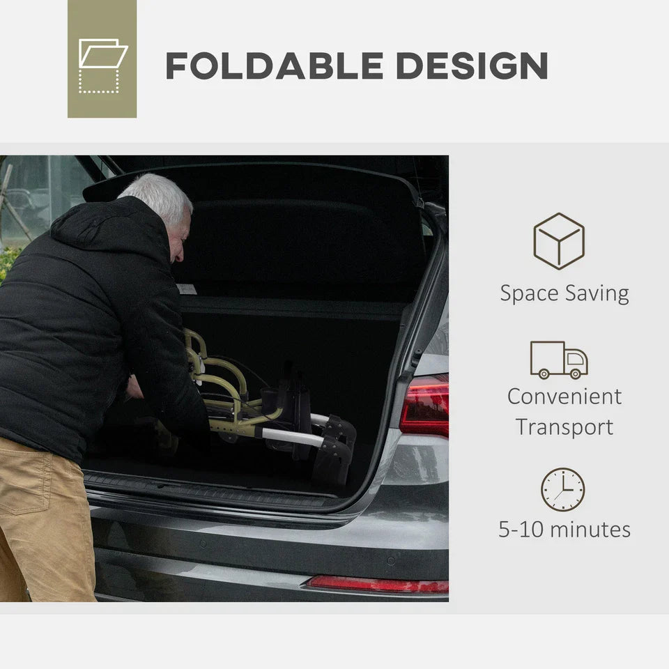 Foldable rollator wheelchair in a car trunk, black seat and backrest visible