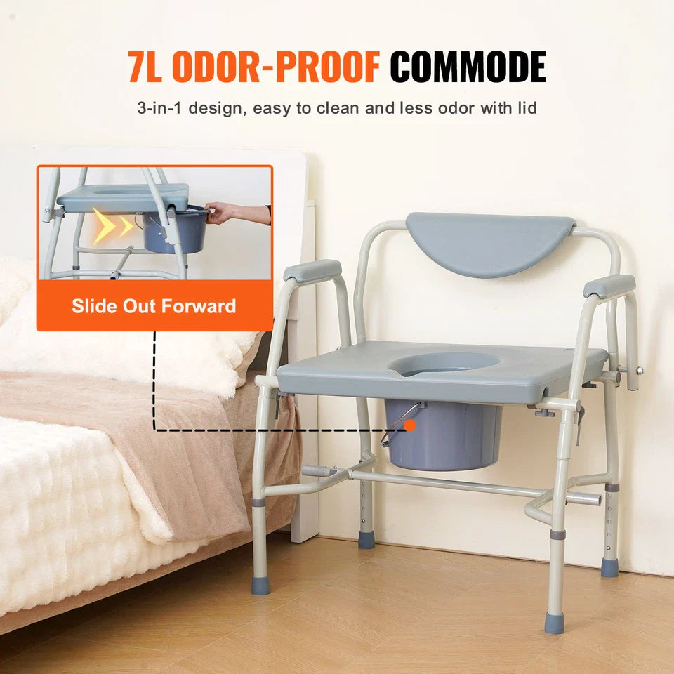 Toilet commode chair with lidded, odor-control bucket and padded seat